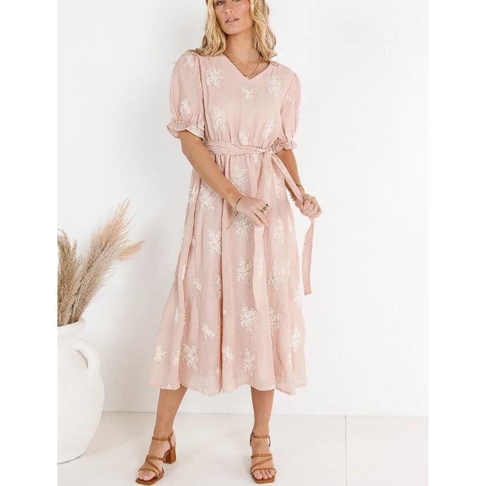 ORANGE CREEK Women's Embroidered Midi Dress Size L In Blush